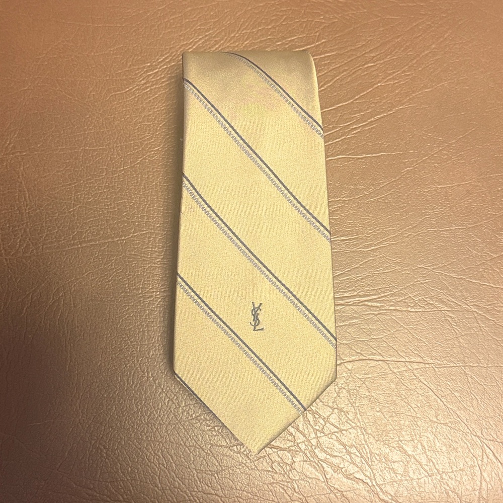 YSL - tie tan blue striped embroidered YSL vintage